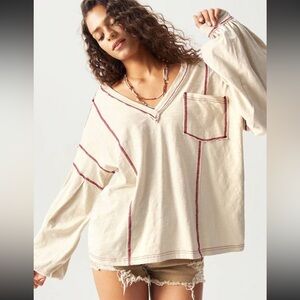 Bohemian Casual Knit V-Neck Drop Shoulder Long Sleeve Loose Women Top